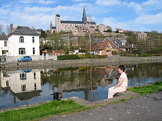 Lobbes, St-Ursmer reflection in the Samber.