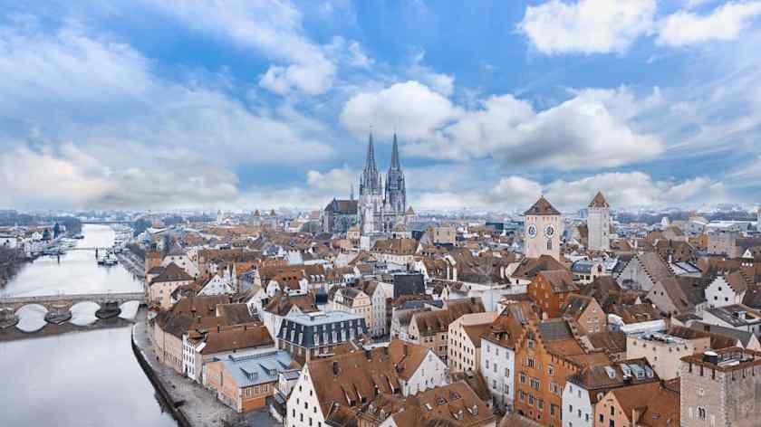 Drone shot of Regensburg in the Winter