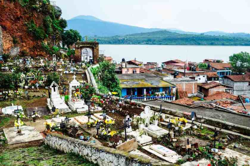 Janitzio cemetery with Patzcuaro lake at the background.