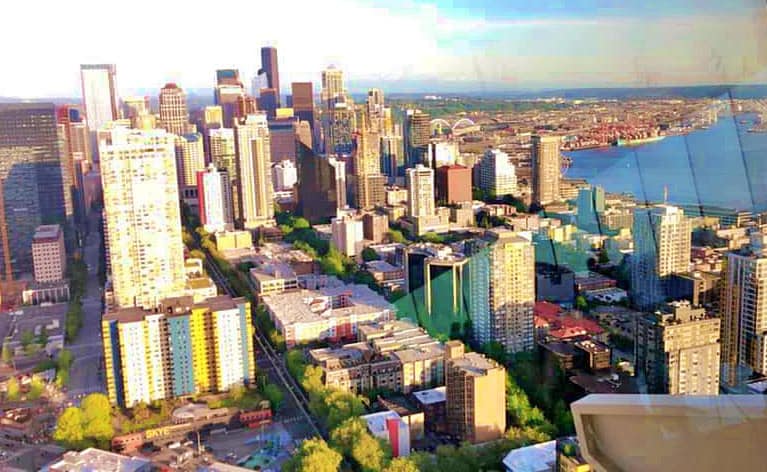 My photo of Seattle’s skyline and Elliott Bay from the Space Needle - right by my stay at Hotel Maxwell