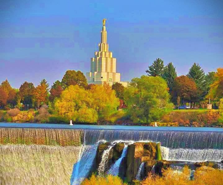 My photograph of the Idaho Falls waterfall with the striking Idaho Falls Temple rising behind it